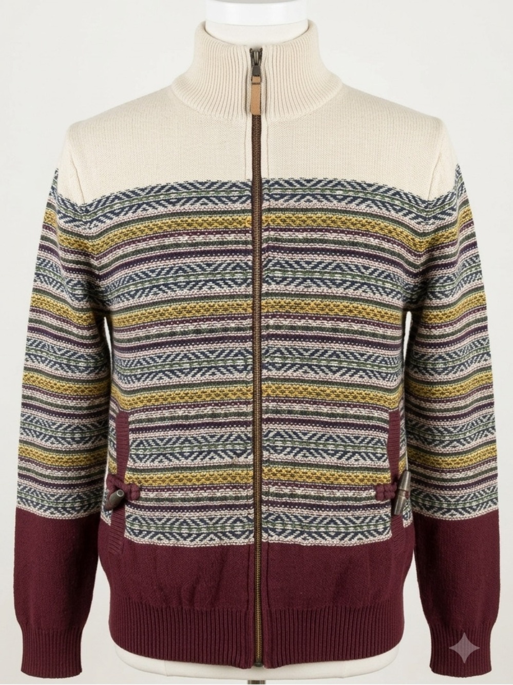 Staple The Rugged Outdoors Mens L Full Zip Sweater Knit Fair Isle Aztec Toggle